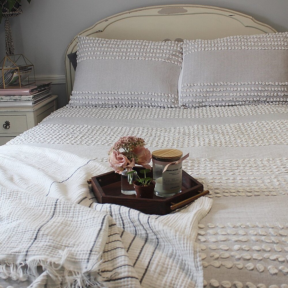 Comforter and 2 Shams. The pure Collection By Indigo Gray White Pom Pom Texture